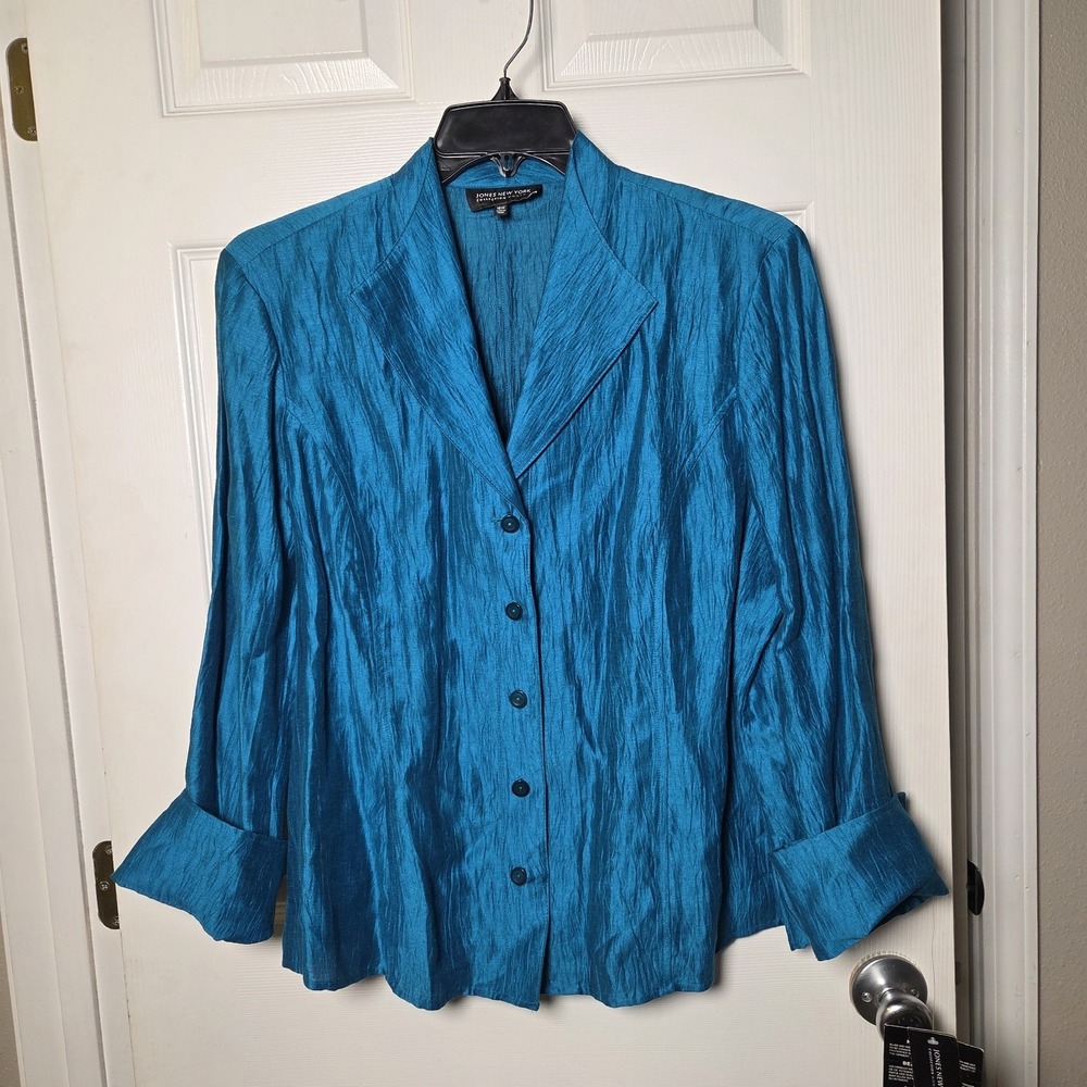 Jones New York sz 16W teal button up tunic top NWT linen/nylon mature chic artsy